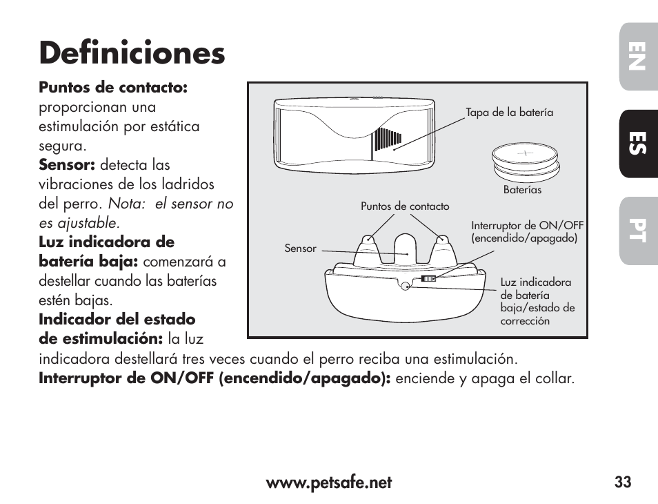 Definiciones, En es pt | Petsafe Barkender Bark Control Collar User Manual | Page 33 / 72