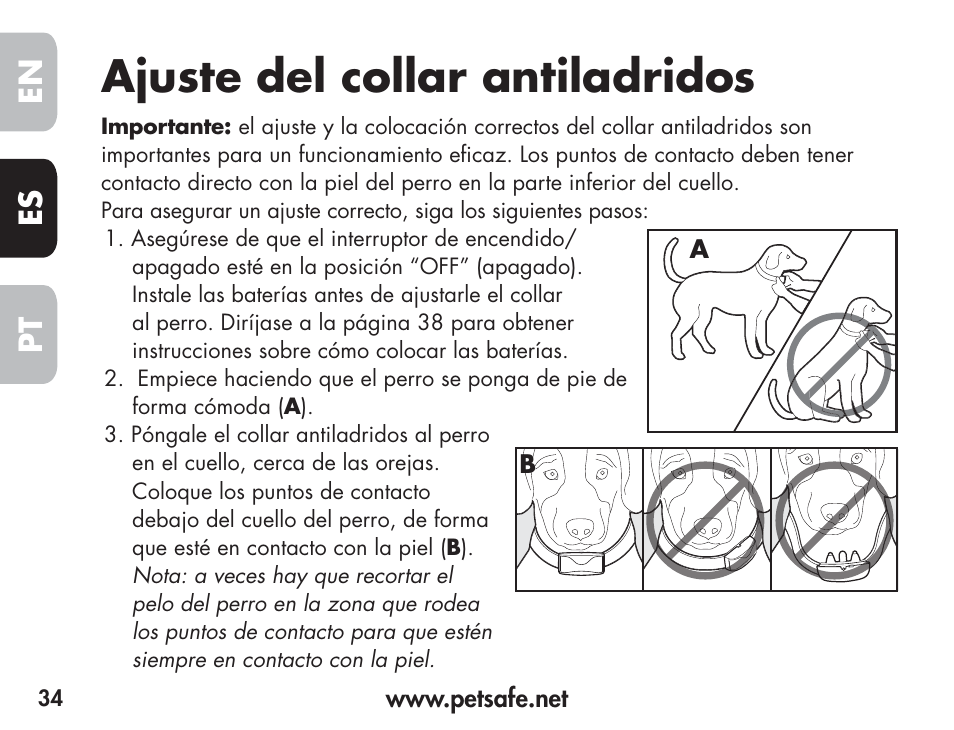 Ajuste del collar antiladridos, En es pt | Petsafe Barkender Bark Control Collar User Manual | Page 34 / 72