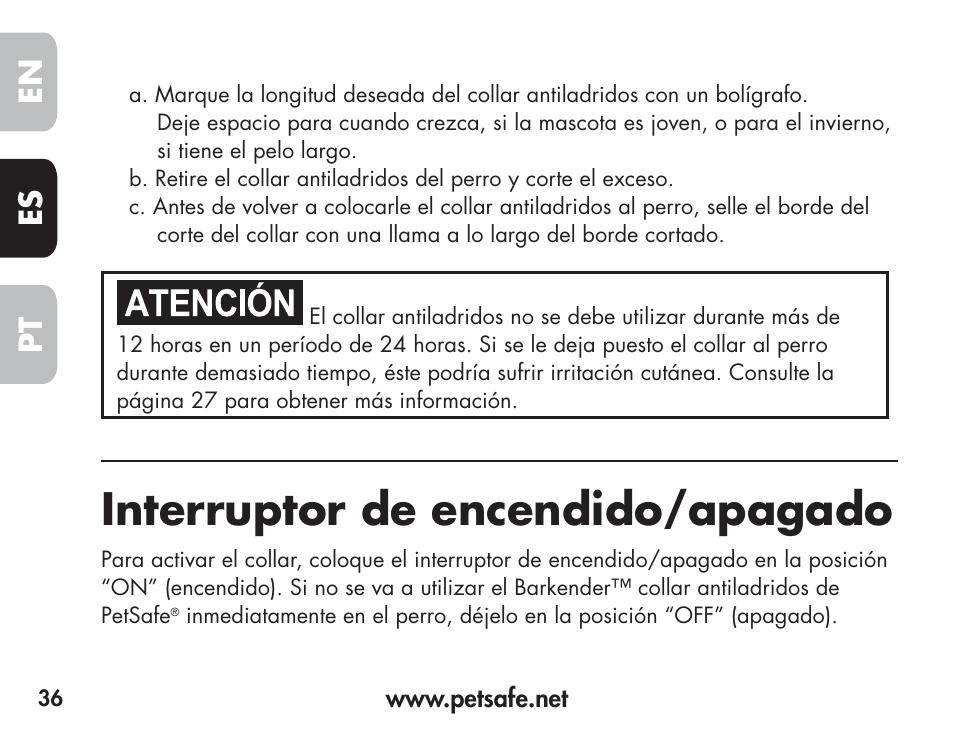 Interruptor de encendido/apagado, En es pt | Petsafe Barkender Bark Control Collar User Manual | Page 36 / 72