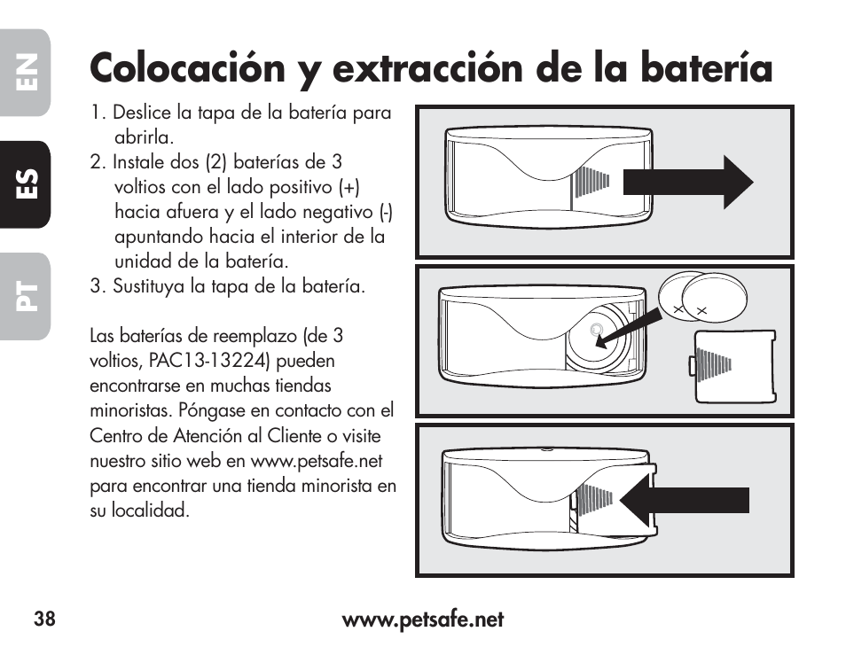 Colocación y extracción de la batería, En es pt | Petsafe Barkender Bark Control Collar User Manual | Page 38 / 72