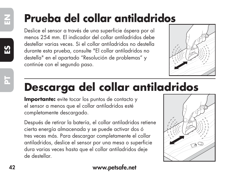 Prueba del collar antiladridos, Descarga del collar antiladridos, En es pt | Petsafe Barkender Bark Control Collar User Manual | Page 42 / 72