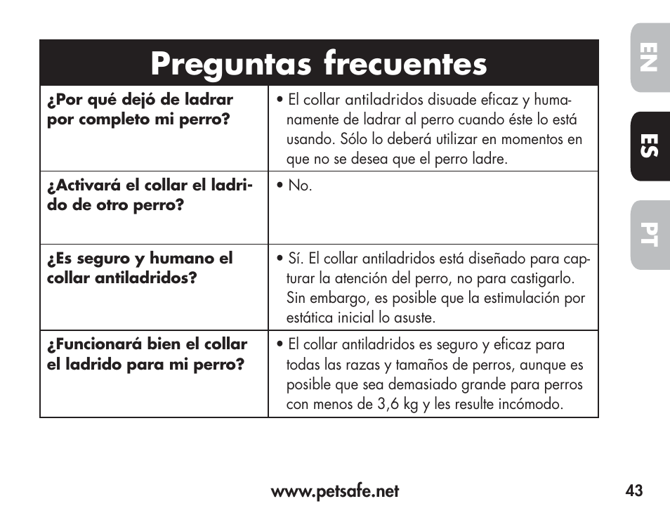 Preguntas frecuentes, En es pt | Petsafe Barkender Bark Control Collar User Manual | Page 43 / 72