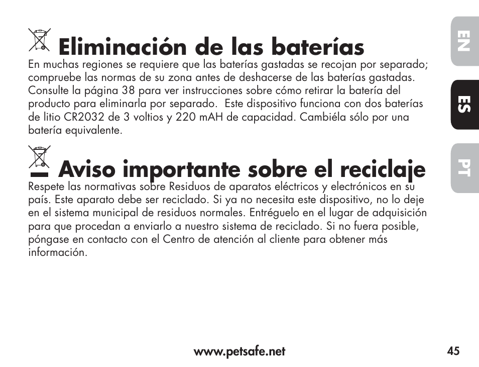 Eliminación de las baterías, Aviso importante sobre el reciclaje, En es pt | Petsafe Barkender Bark Control Collar User Manual | Page 45 / 72