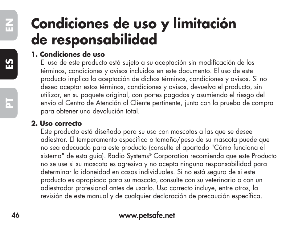 Condiciones de uso y limitación de responsabilidad, En es pt | Petsafe Barkender Bark Control Collar User Manual | Page 46 / 72