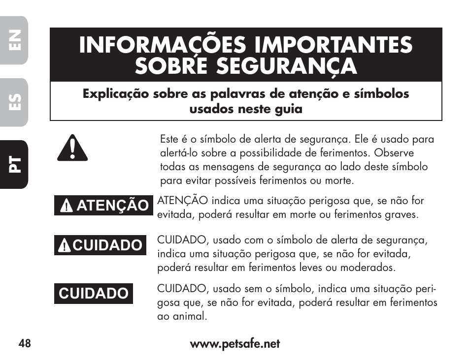 Informações importantes sobre segurança, En es pt, Atenção | Cuidado | Petsafe Barkender Bark Control Collar User Manual | Page 48 / 72
