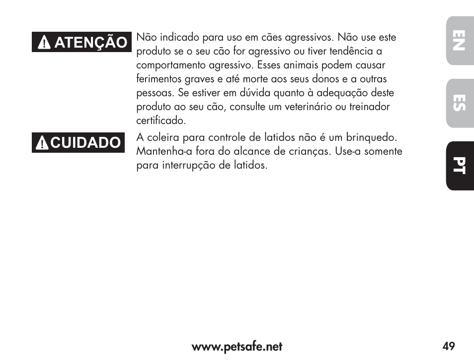 En es pt, Atenção, Cuidado | Petsafe Barkender Bark Control Collar User Manual | Page 49 / 72