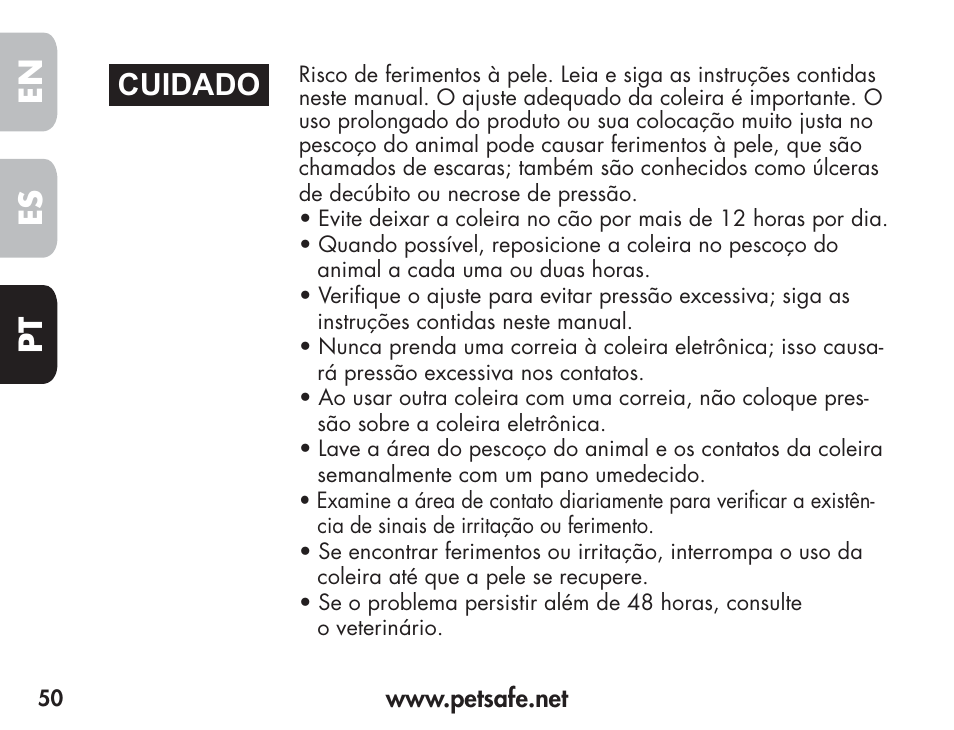 En es pt, Cuidado | Petsafe Barkender Bark Control Collar User Manual | Page 50 / 72