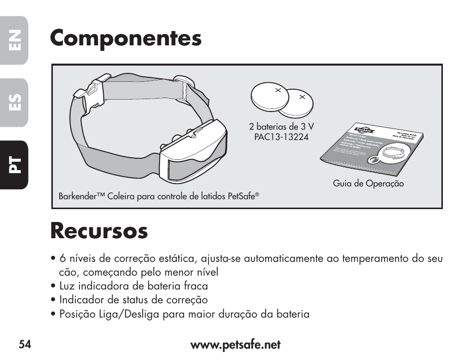 Componentes recursos, En es pt | Petsafe Barkender Bark Control Collar User Manual | Page 54 / 72