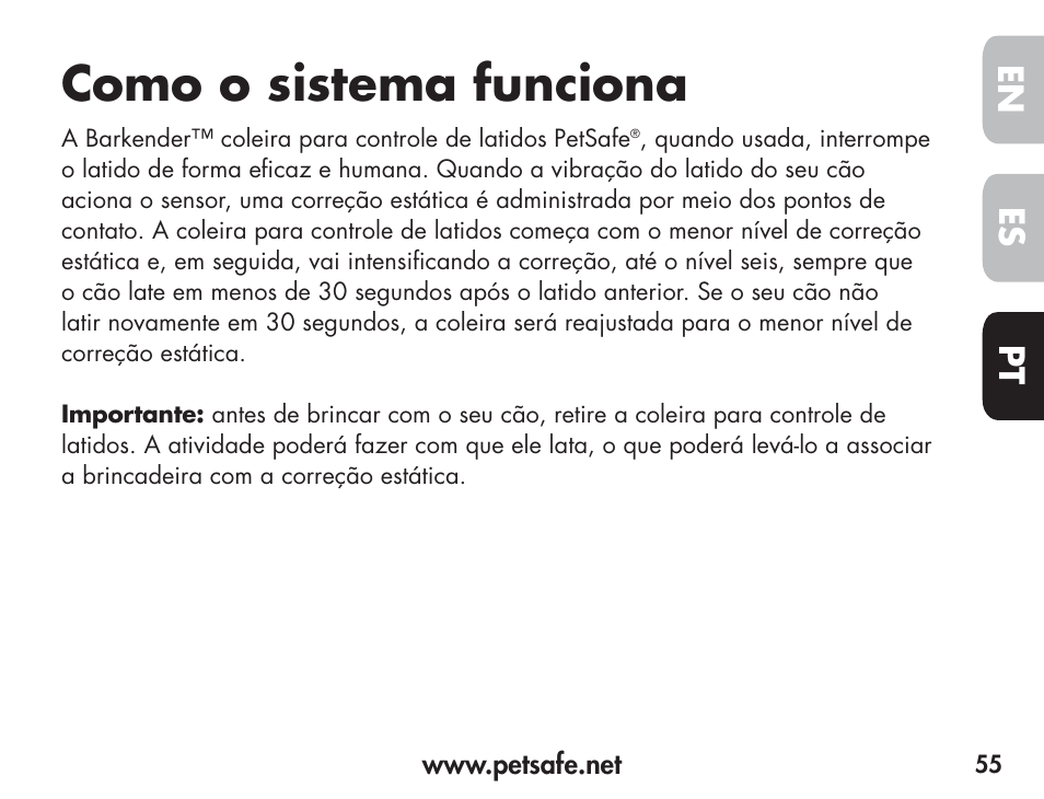 Como o sistema funciona, En es pt | Petsafe Barkender Bark Control Collar User Manual | Page 55 / 72