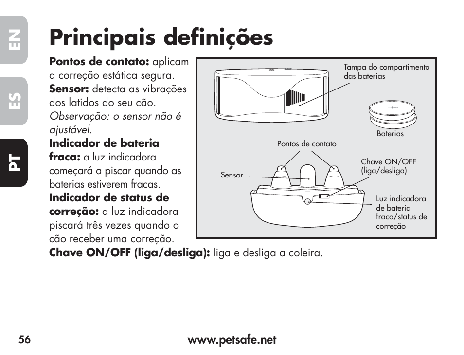 Principais definições, En es pt | Petsafe Barkender Bark Control Collar User Manual | Page 56 / 72