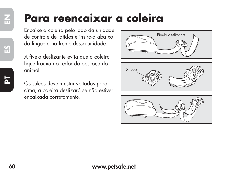 Para reencaixar a coleira, En es pt | Petsafe Barkender Bark Control Collar User Manual | Page 60 / 72