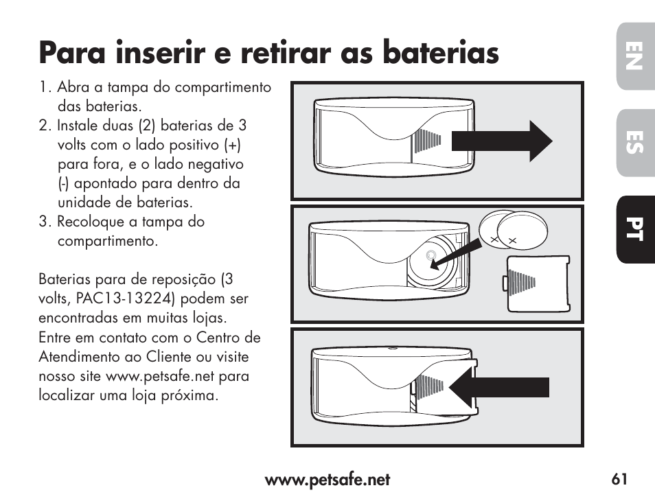 Para inserir e retirar as baterias, En es pt | Petsafe Barkender Bark Control Collar User Manual | Page 61 / 72