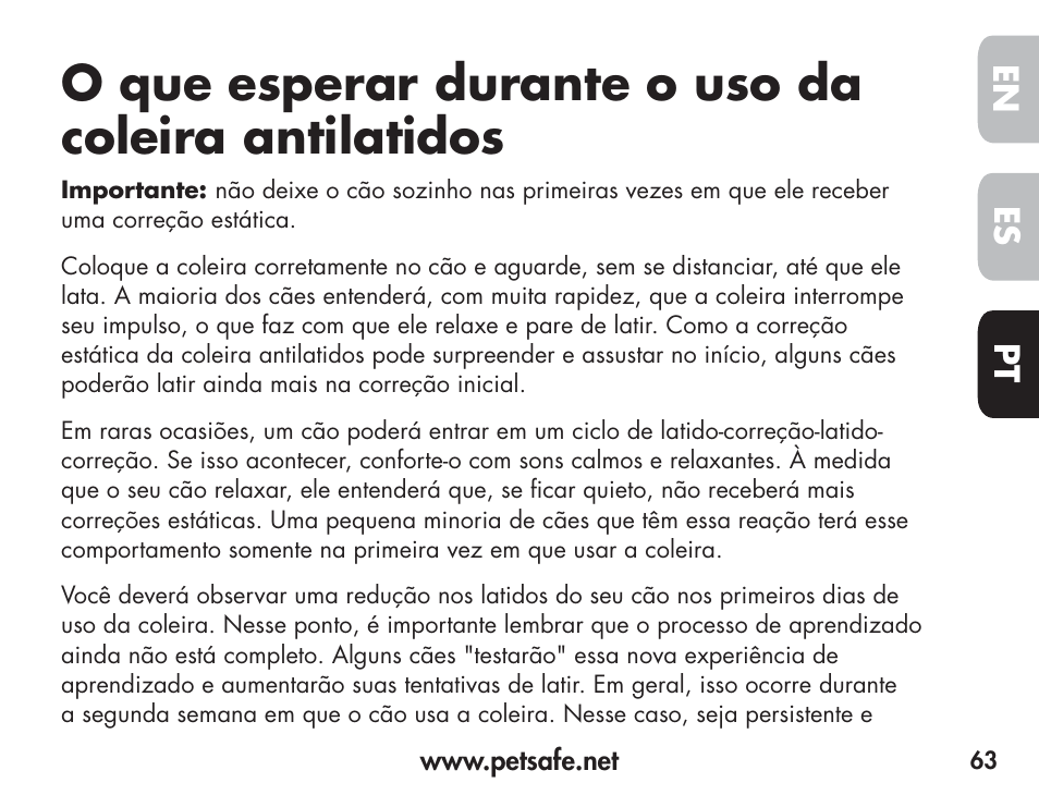O que esperar durante o uso da coleira antilatidos, En es pt | Petsafe Barkender Bark Control Collar User Manual | Page 63 / 72