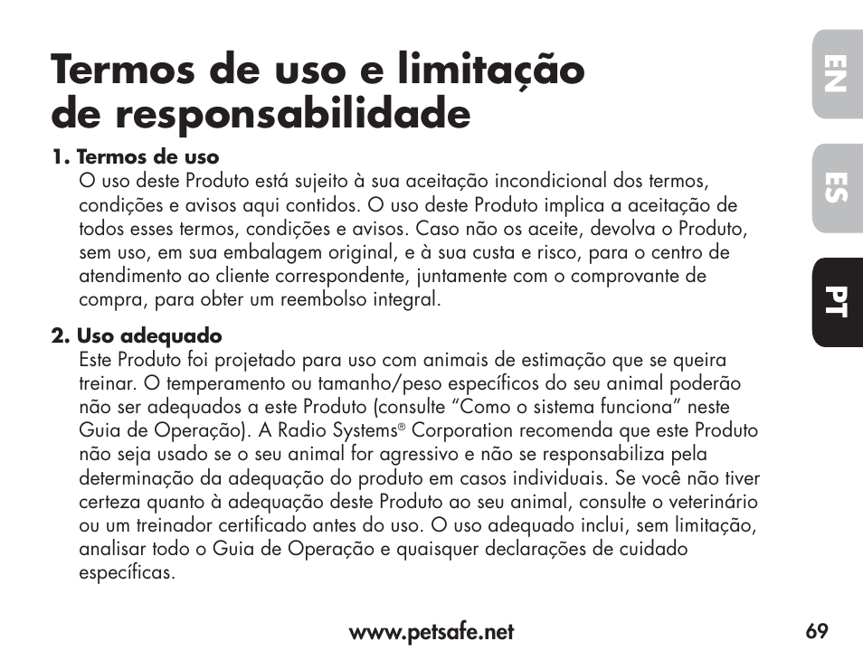 Termos de uso e limitação de responsabilidade, En es pt | Petsafe Barkender Bark Control Collar User Manual | Page 69 / 72