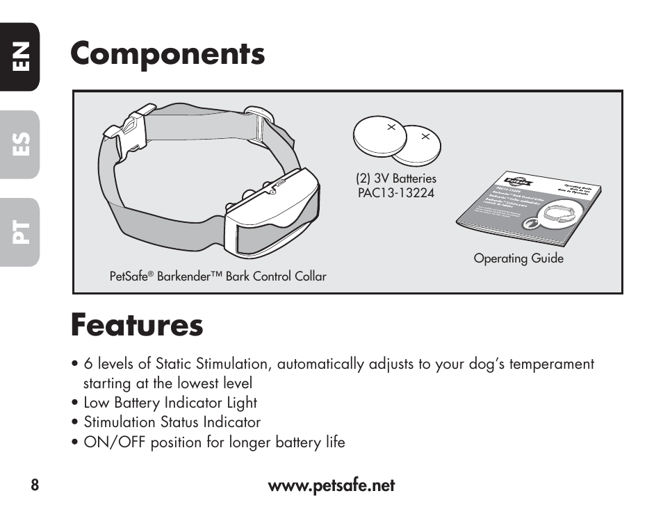 Components features, En es pt | Petsafe Barkender Bark Control Collar User Manual | Page 8 / 72