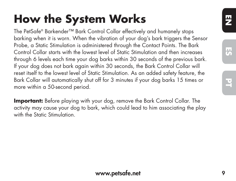 How the system works, En es pt | Petsafe Barkender Bark Control Collar User Manual | Page 9 / 72