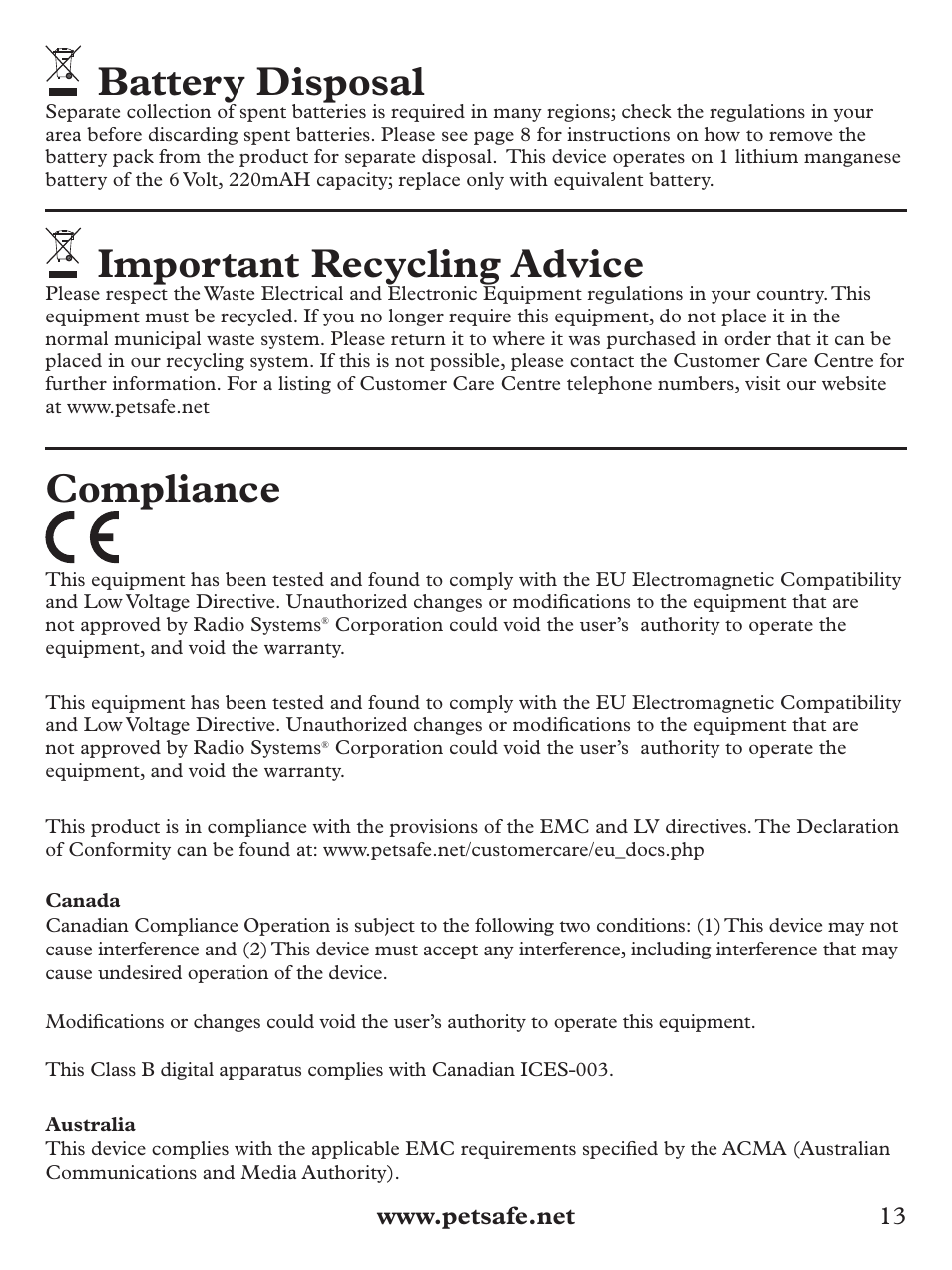 Battery disposal, Important recycling advice, Compliance | Petsafe Basic Bark Control Collar User Manual | Page 13 / 80