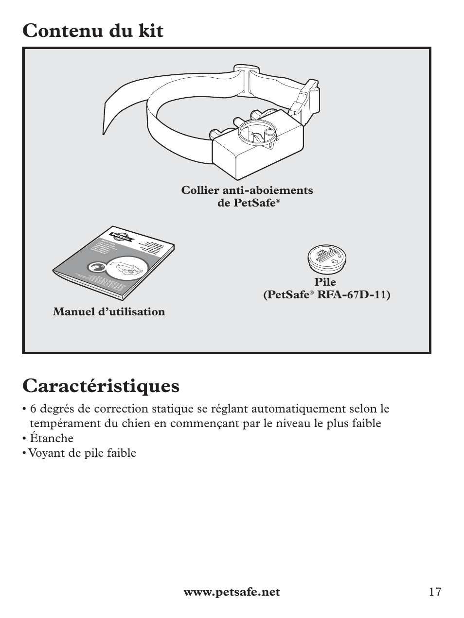 Contenu du kit, Caractéristiques | Petsafe Basic Bark Control Collar User Manual | Page 17 / 80