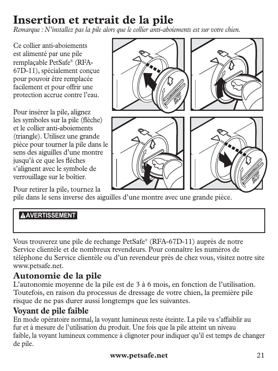 Insertion et retrait de la pile, Autonomie de la pile, Voyant de pile faible | Petsafe Basic Bark Control Collar User Manual | Page 21 / 80