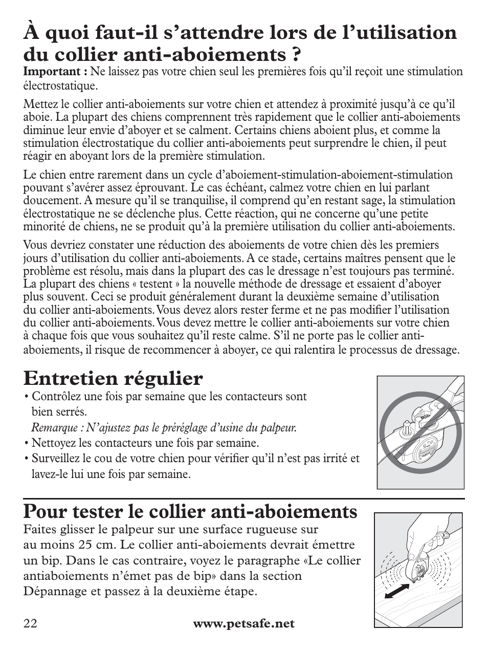 Entretien régulier, Pour tester le collier anti-aboiements | Petsafe Basic Bark Control Collar User Manual | Page 22 / 80