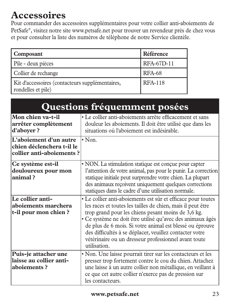 Accessoires, Questions fréquemment posées | Petsafe Basic Bark Control Collar User Manual | Page 23 / 80