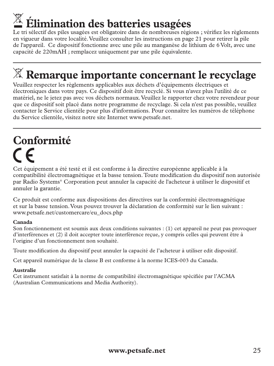 Élimination des batteries usagées, Remarque importante concernant le recyclage, Conformité | Petsafe Basic Bark Control Collar User Manual | Page 25 / 80