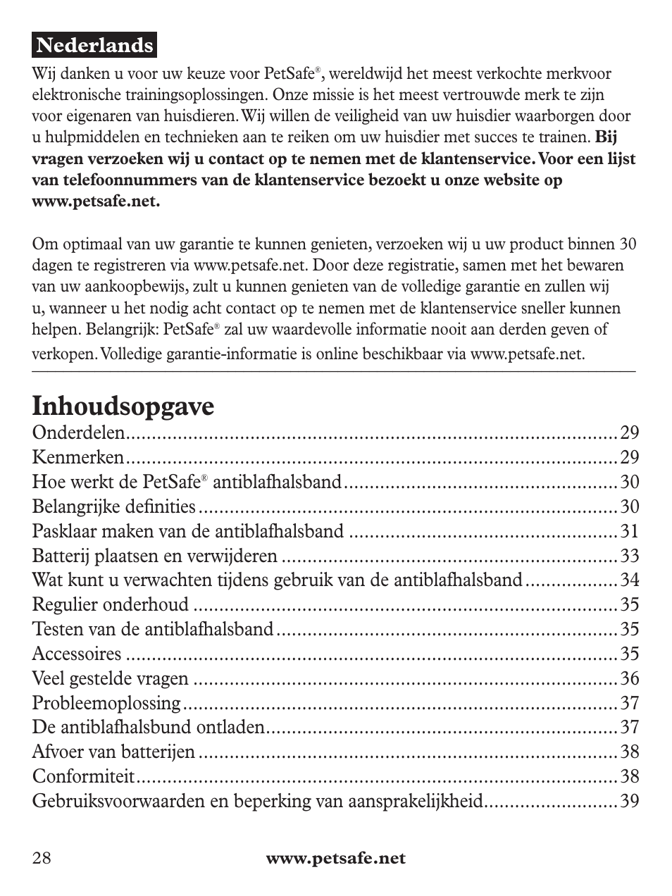 Inhoudsopgave, Onderdelen kenmerken hoe werkt de petsafe | Petsafe Basic Bark Control Collar User Manual | Page 28 / 80