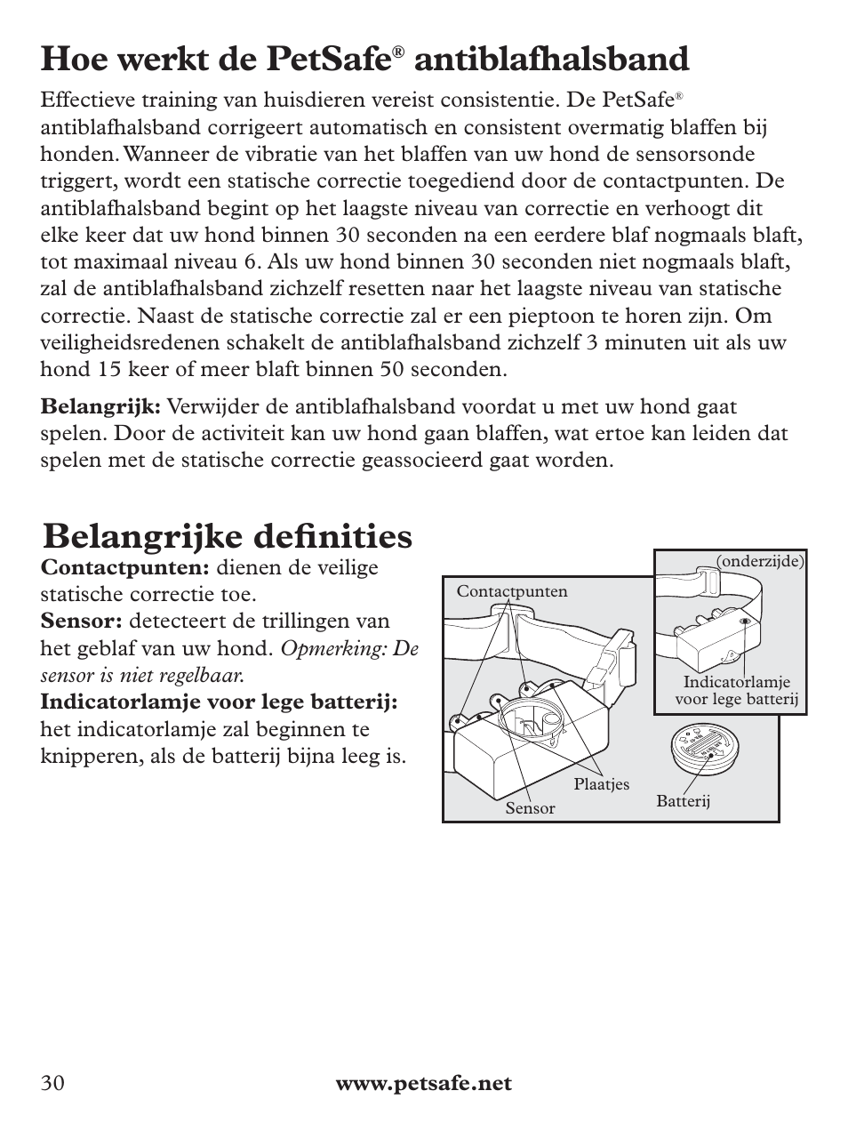 Hoe werkt de petsafe, Antiblafhalsband, Belangrijke defi nities | Petsafe Basic Bark Control Collar User Manual | Page 30 / 80