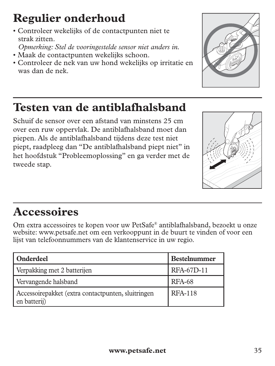 Regulier onderhoud, Testen van de antiblafhalsband, Accessoires | Petsafe Basic Bark Control Collar User Manual | Page 35 / 80