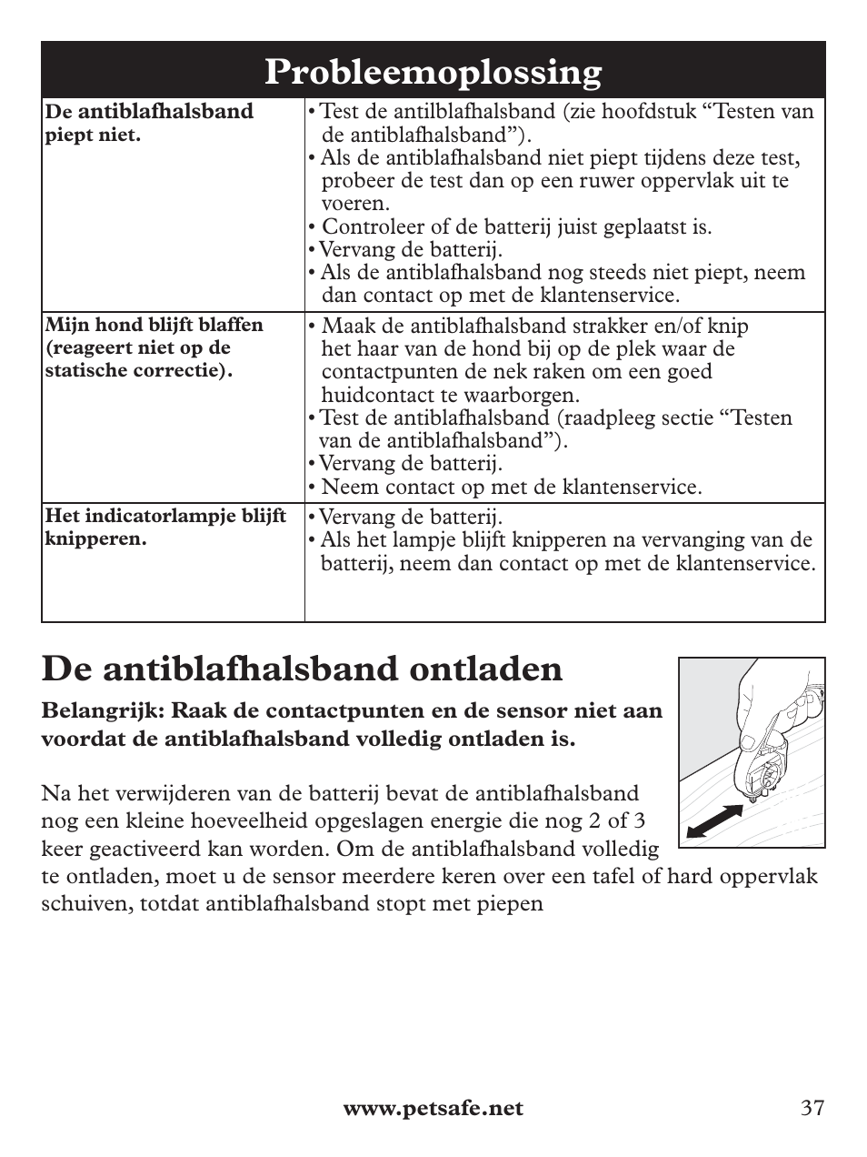 Probleemoplossing, De antiblafhalsband ontladen | Petsafe Basic Bark Control Collar User Manual | Page 37 / 80