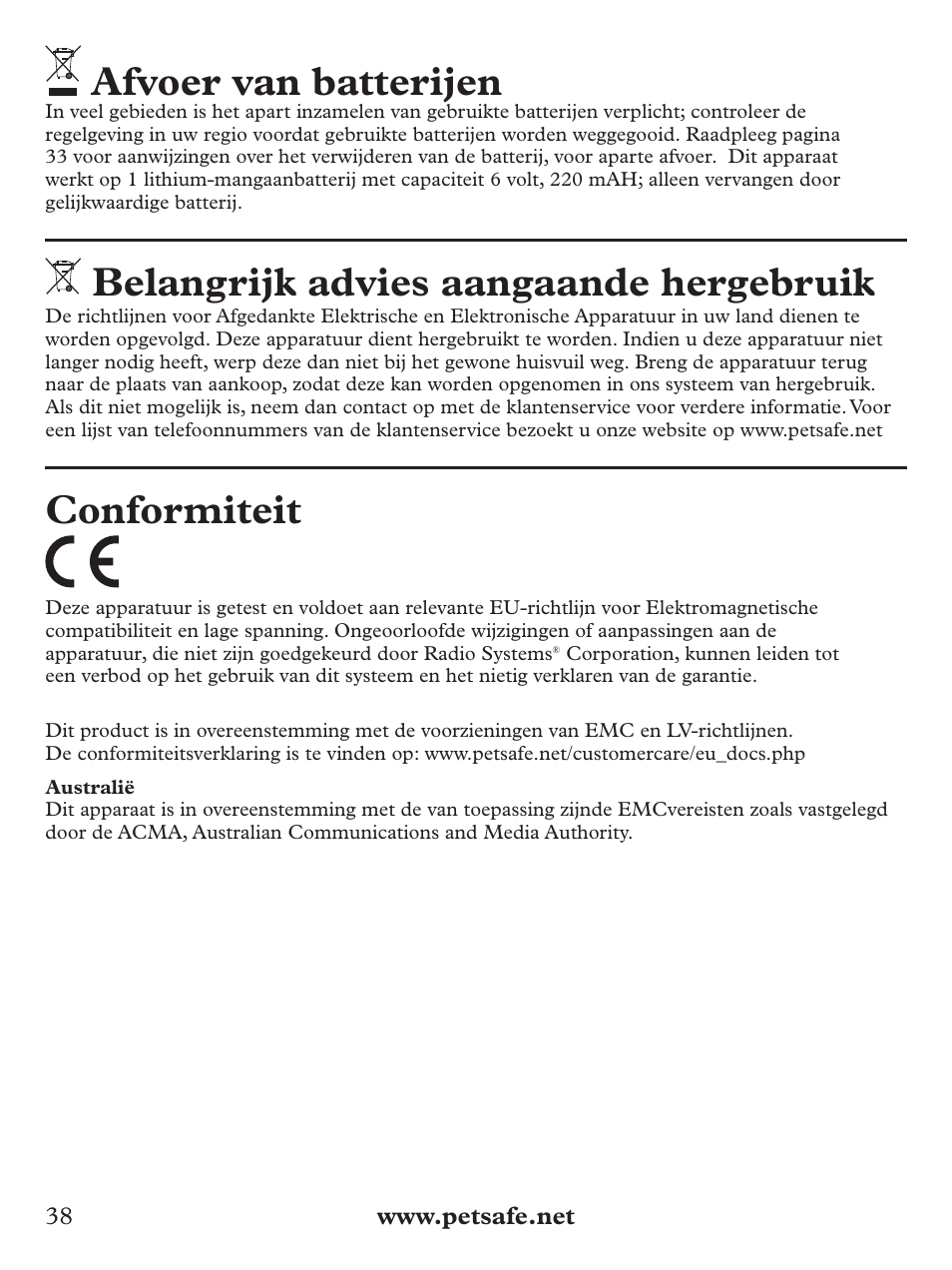 Afvoer van batterijen, Belangrijk advies aangaande hergebruik, Conformiteit | Petsafe Basic Bark Control Collar User Manual | Page 38 / 80