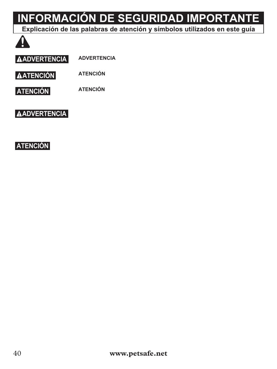 Información de seguridad importante, Advertencia, Atención | Petsafe Basic Bark Control Collar User Manual | Page 40 / 80