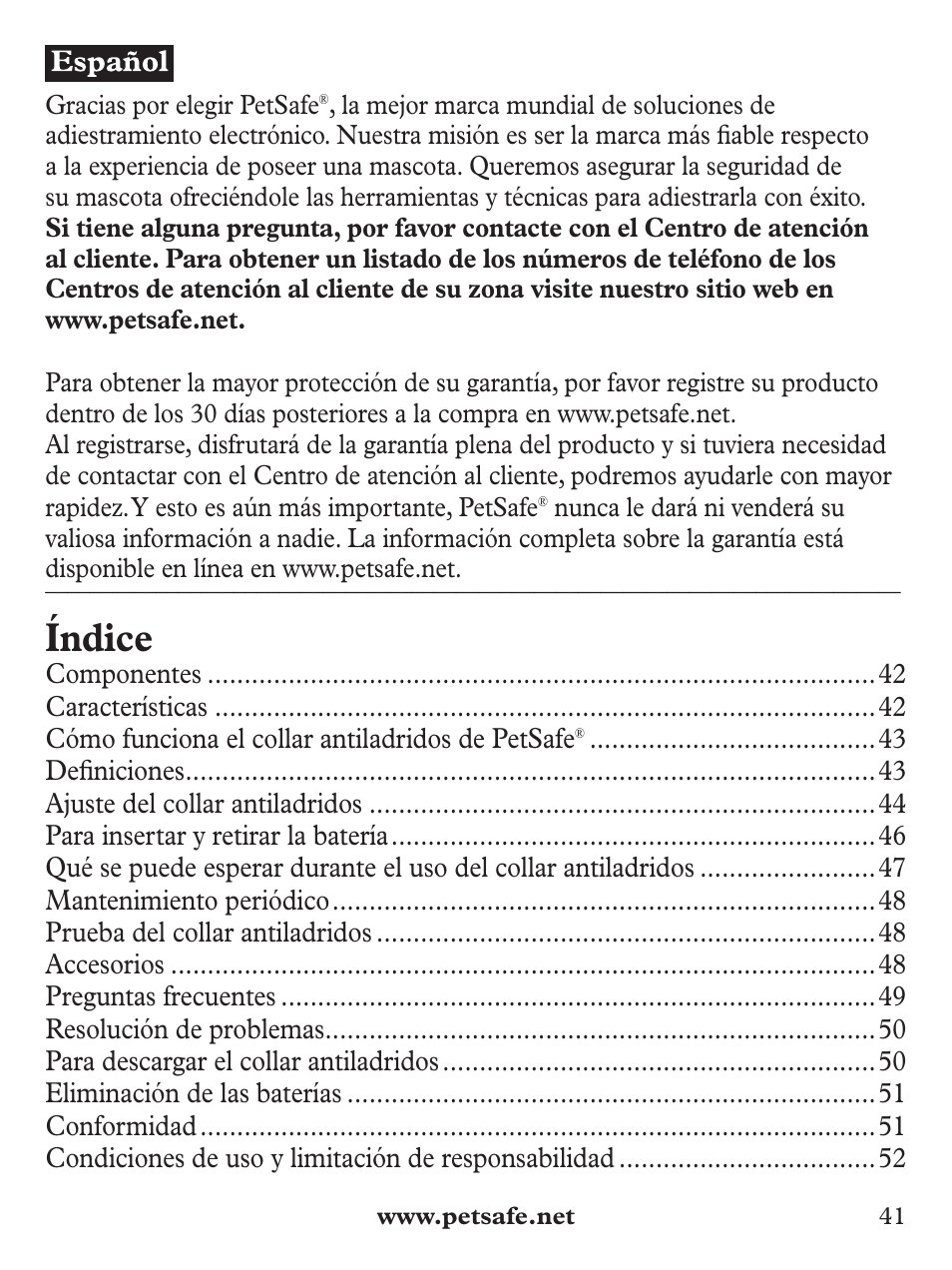 Índice | Petsafe Basic Bark Control Collar User Manual | Page 41 / 80