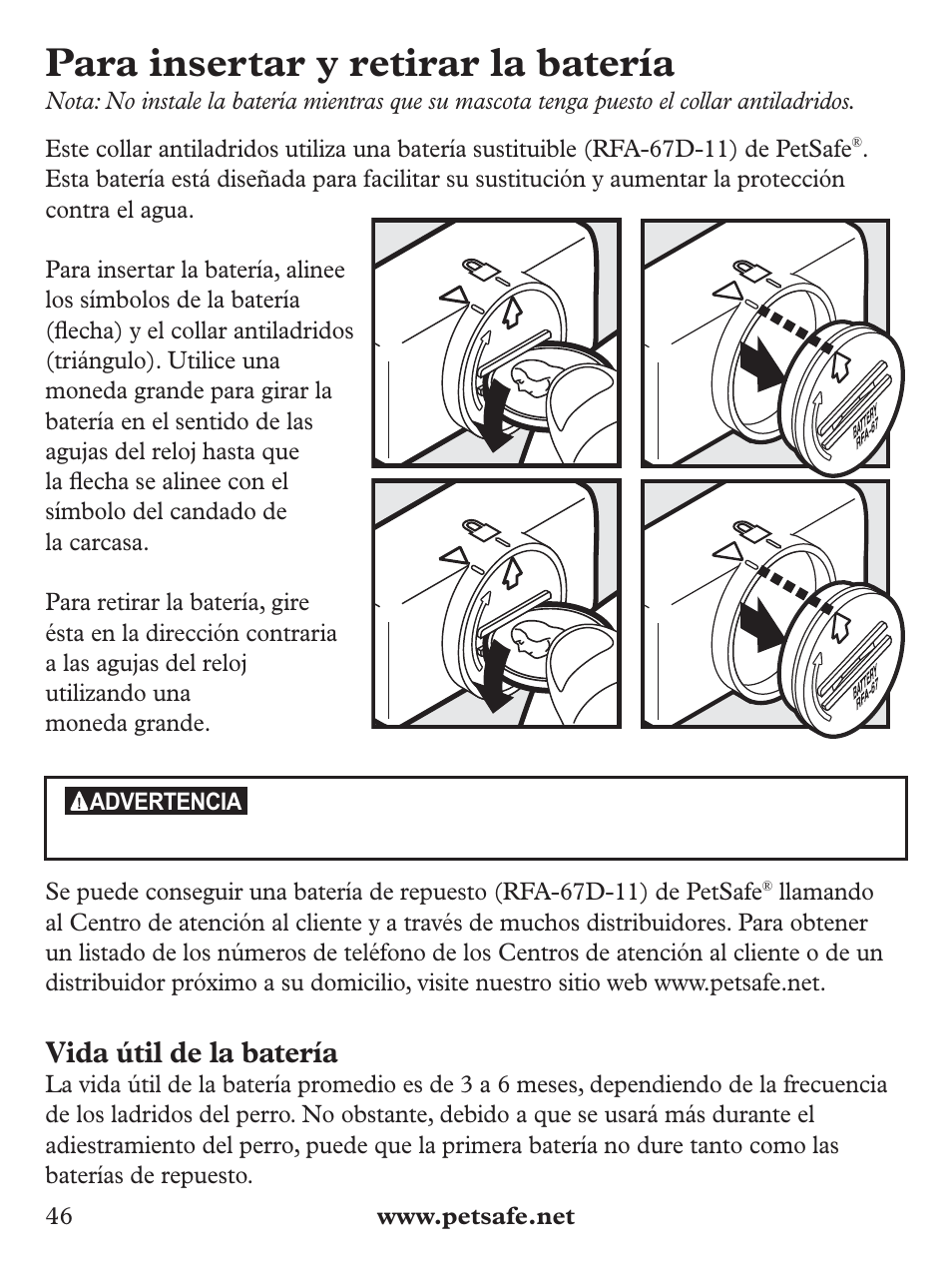 Para insertar y retirar la batería, Vida útil de la batería | Petsafe Basic Bark Control Collar User Manual | Page 46 / 80
