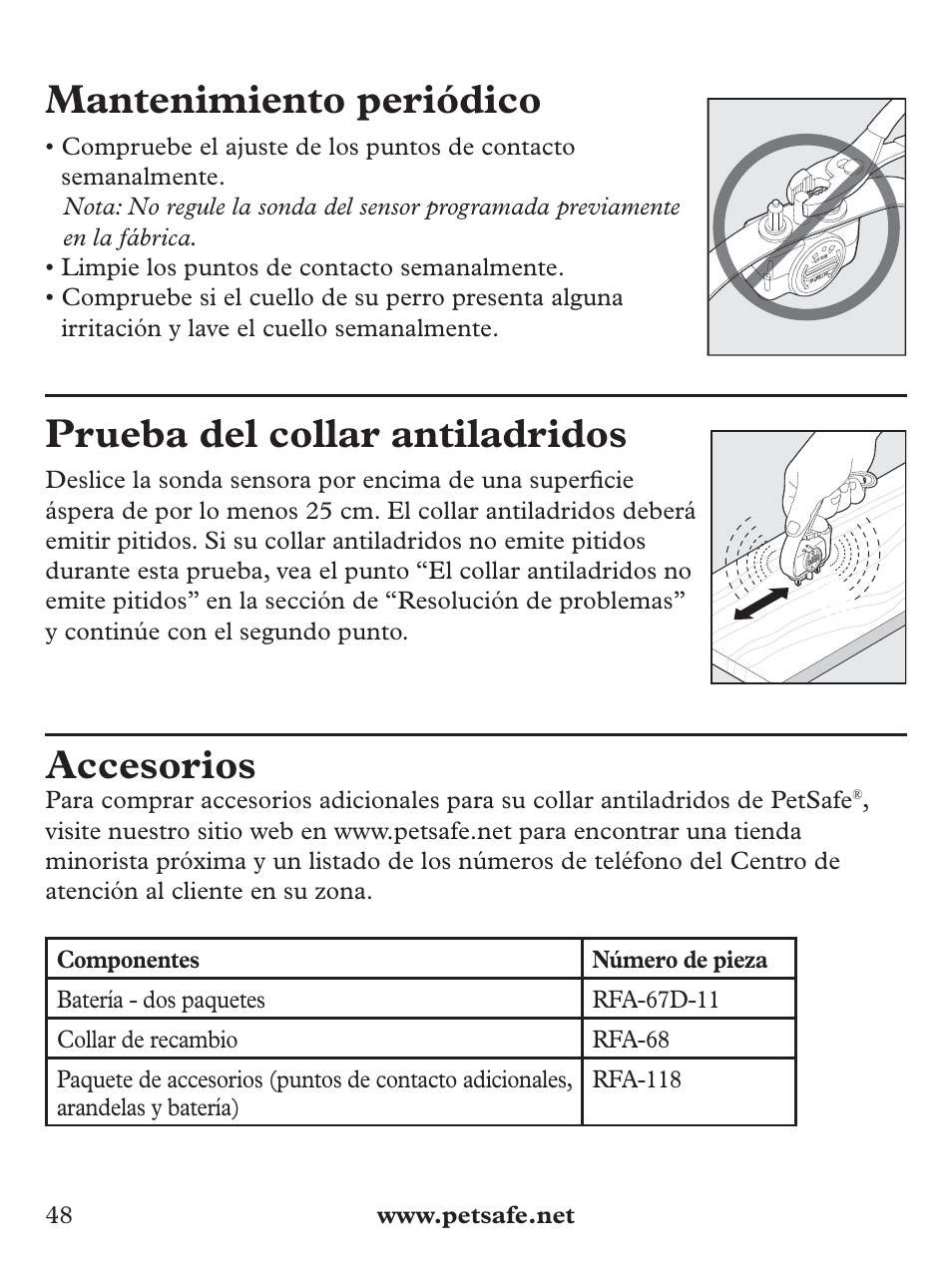 Mantenimiento periódico, Prueba del collar antiladridos, Accesorios | Petsafe Basic Bark Control Collar User Manual | Page 48 / 80