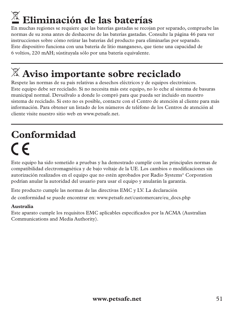 Eliminación de las baterías, Aviso importante sobre reciclado, Conformidad | Petsafe Basic Bark Control Collar User Manual | Page 51 / 80