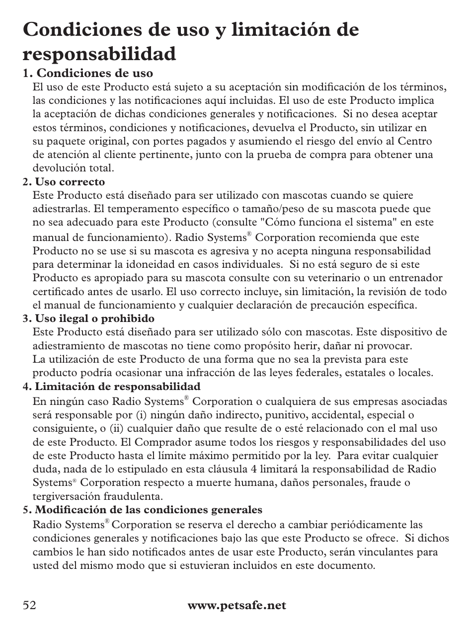 Condiciones de uso y limitación de responsabilidad | Petsafe Basic Bark Control Collar User Manual | Page 52 / 80