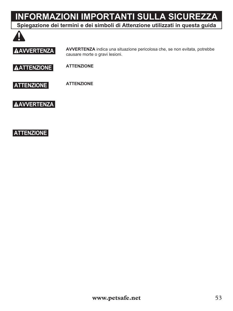 Informazioni importanti sulla sicurezza, Avvertenza, Attenzione | Petsafe Basic Bark Control Collar User Manual | Page 53 / 80