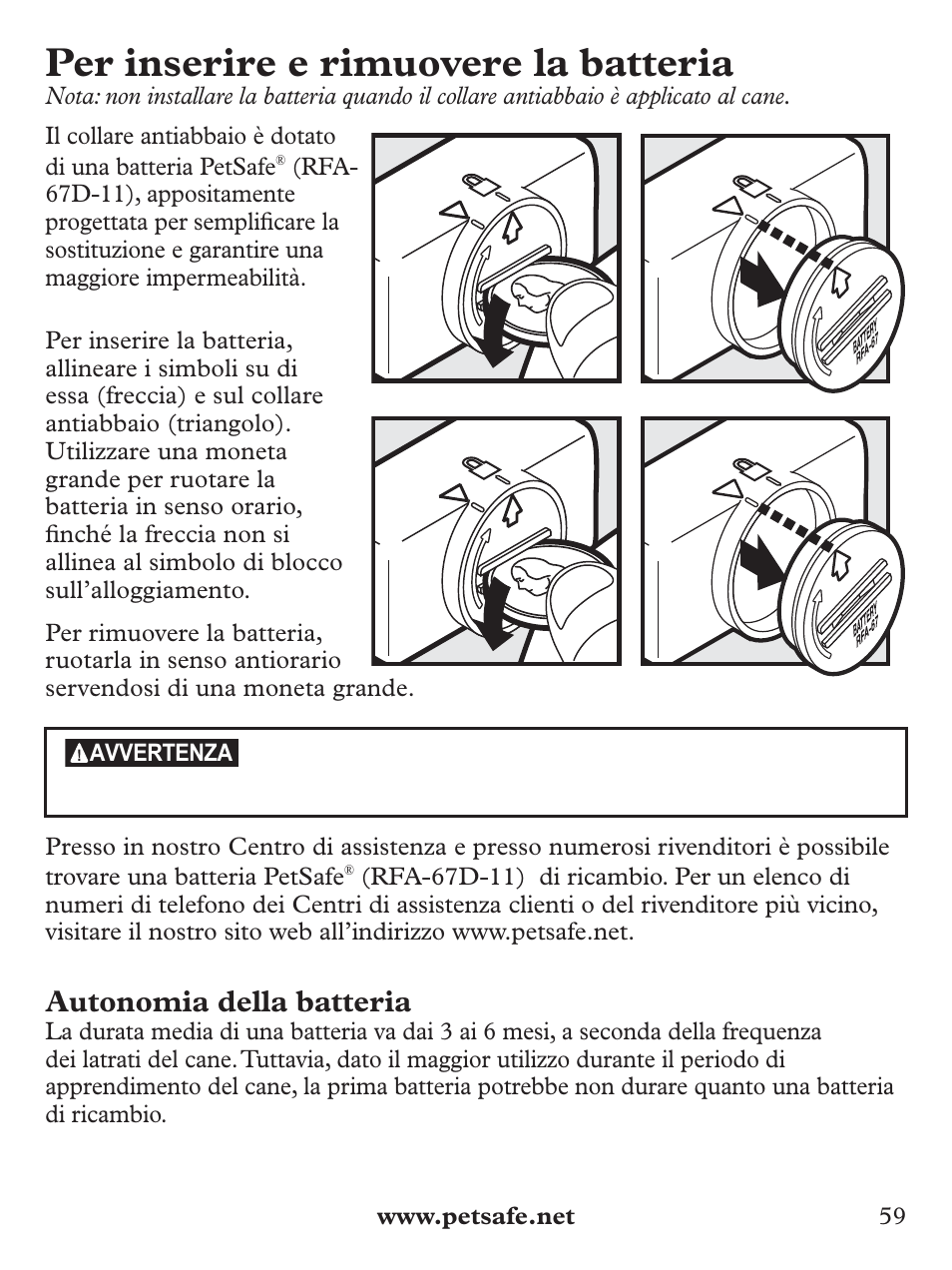 Per inserire e rimuovere la batteria, Autonomia della batteria | Petsafe Basic Bark Control Collar User Manual | Page 59 / 80