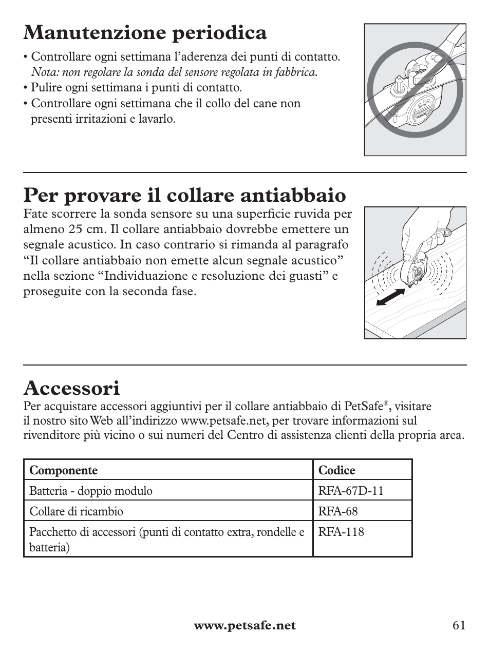 Manutenzione periodica, Per provare il collare antiabbaio, Accessori | Petsafe Basic Bark Control Collar User Manual | Page 61 / 80
