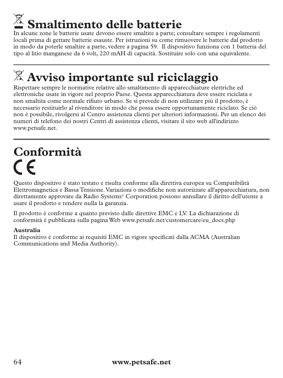 Smaltimento delle batterie, Avviso importante sul riciclaggio, Conformità | Petsafe Basic Bark Control Collar User Manual | Page 64 / 80