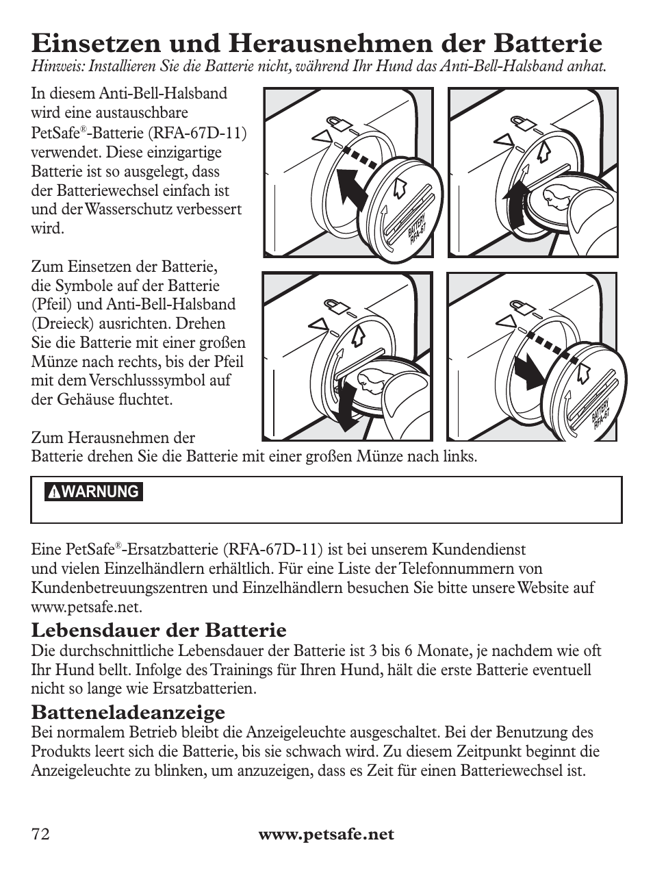 Einsetzen und herausnehmen der batterie, Lebensdauer der batterie, Batteneladeanzeige | Petsafe Basic Bark Control Collar User Manual | Page 72 / 80