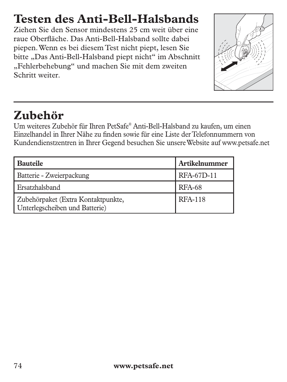 Testen des anti-bell-halsbands, Zubehör | Petsafe Basic Bark Control Collar User Manual | Page 74 / 80