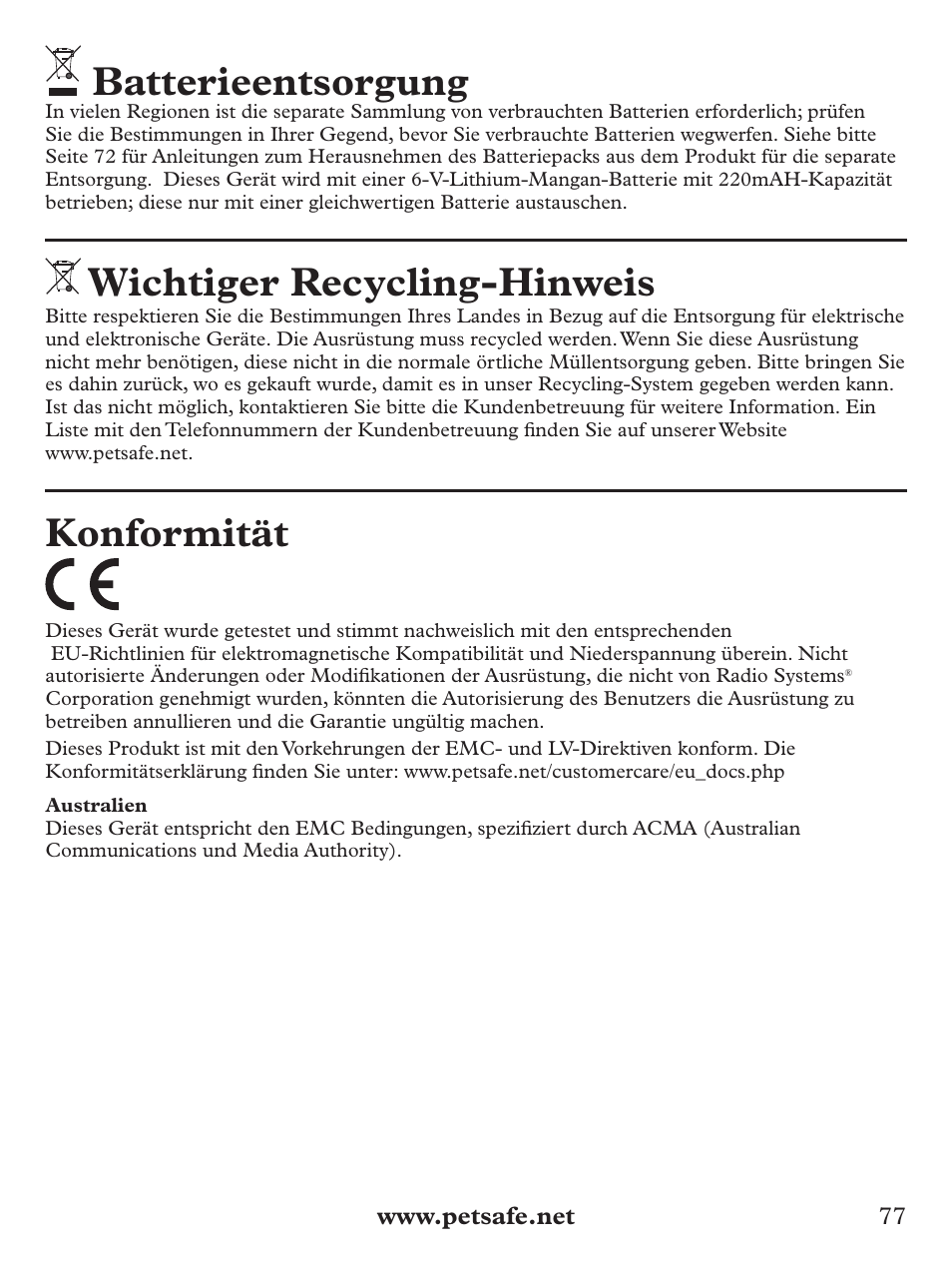 Batterieentsorgung, Wichtiger recycling-hinweis, Konformität | Petsafe Basic Bark Control Collar User Manual | Page 77 / 80