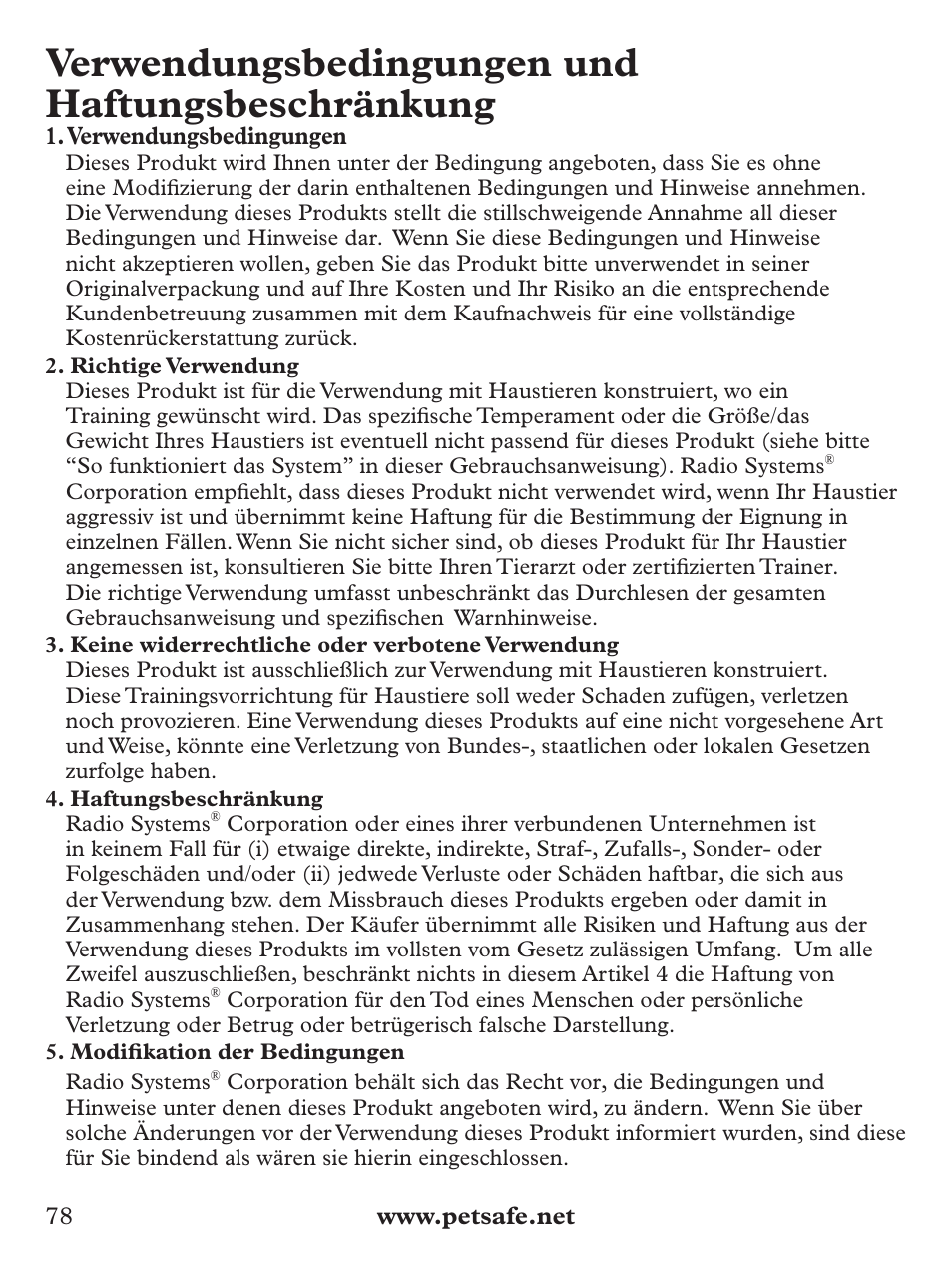 Verwendungsbedingungen und haftungsbeschränkung | Petsafe Basic Bark Control Collar User Manual | Page 78 / 80