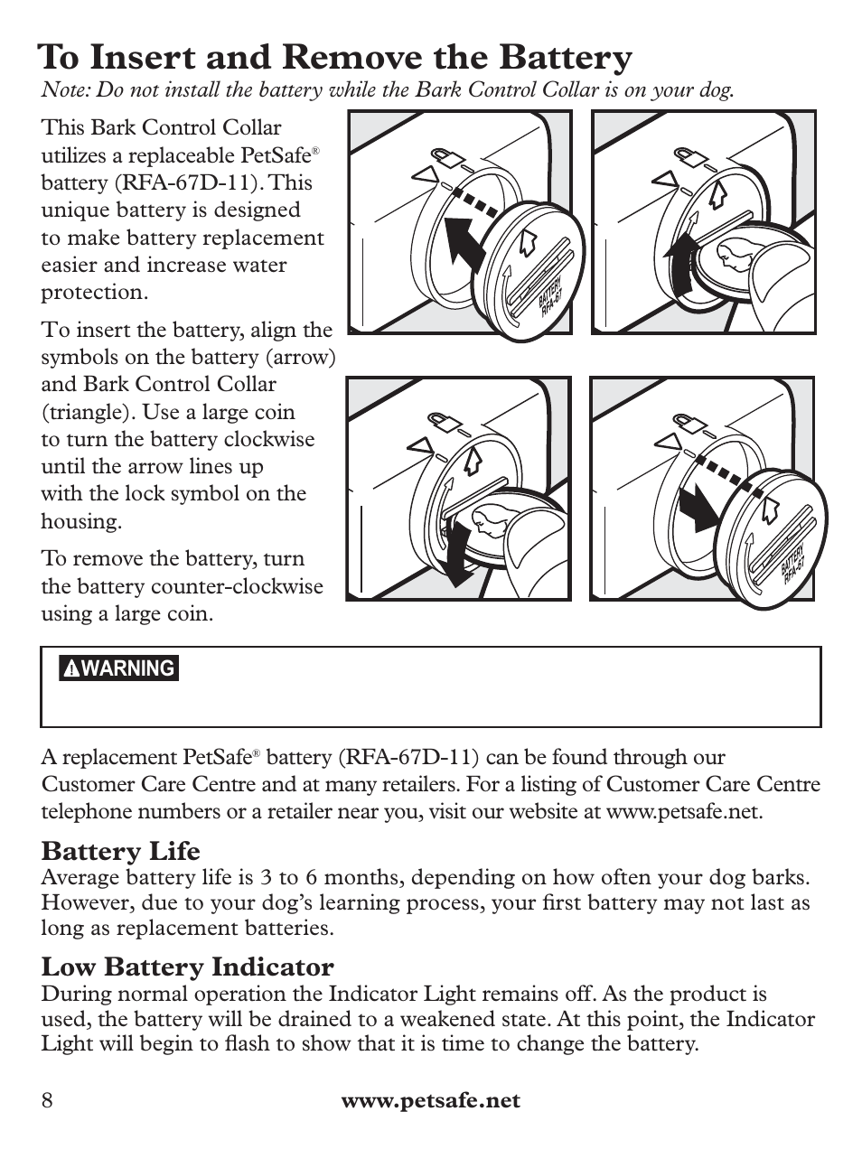 Battery life, Low battery indicator | Petsafe Basic Bark Control Collar User Manual | Page 8 / 80