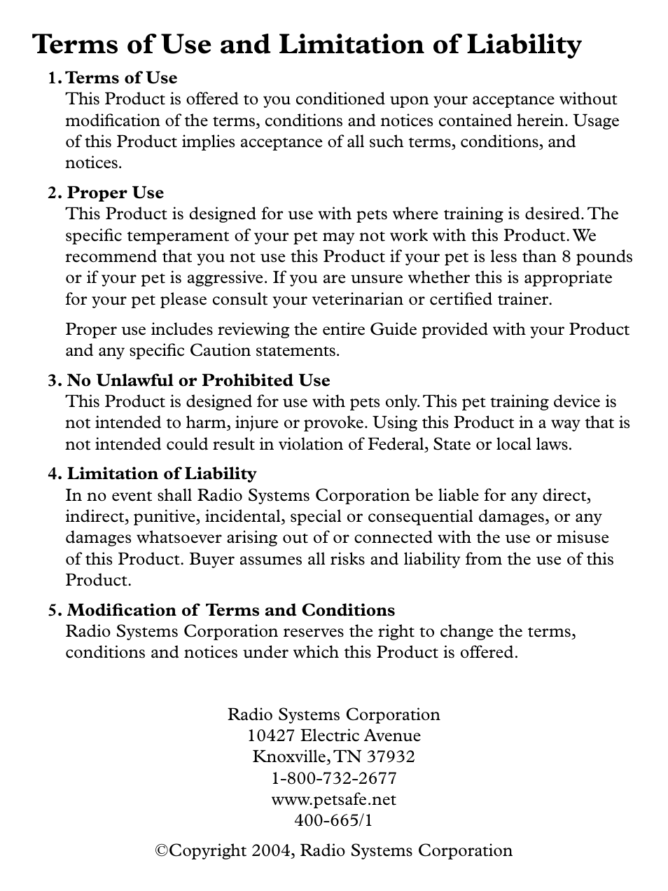Terms of use and limitation of liability | Petsafe Basic Bark Control Collar User Manual | Page 12 / 12