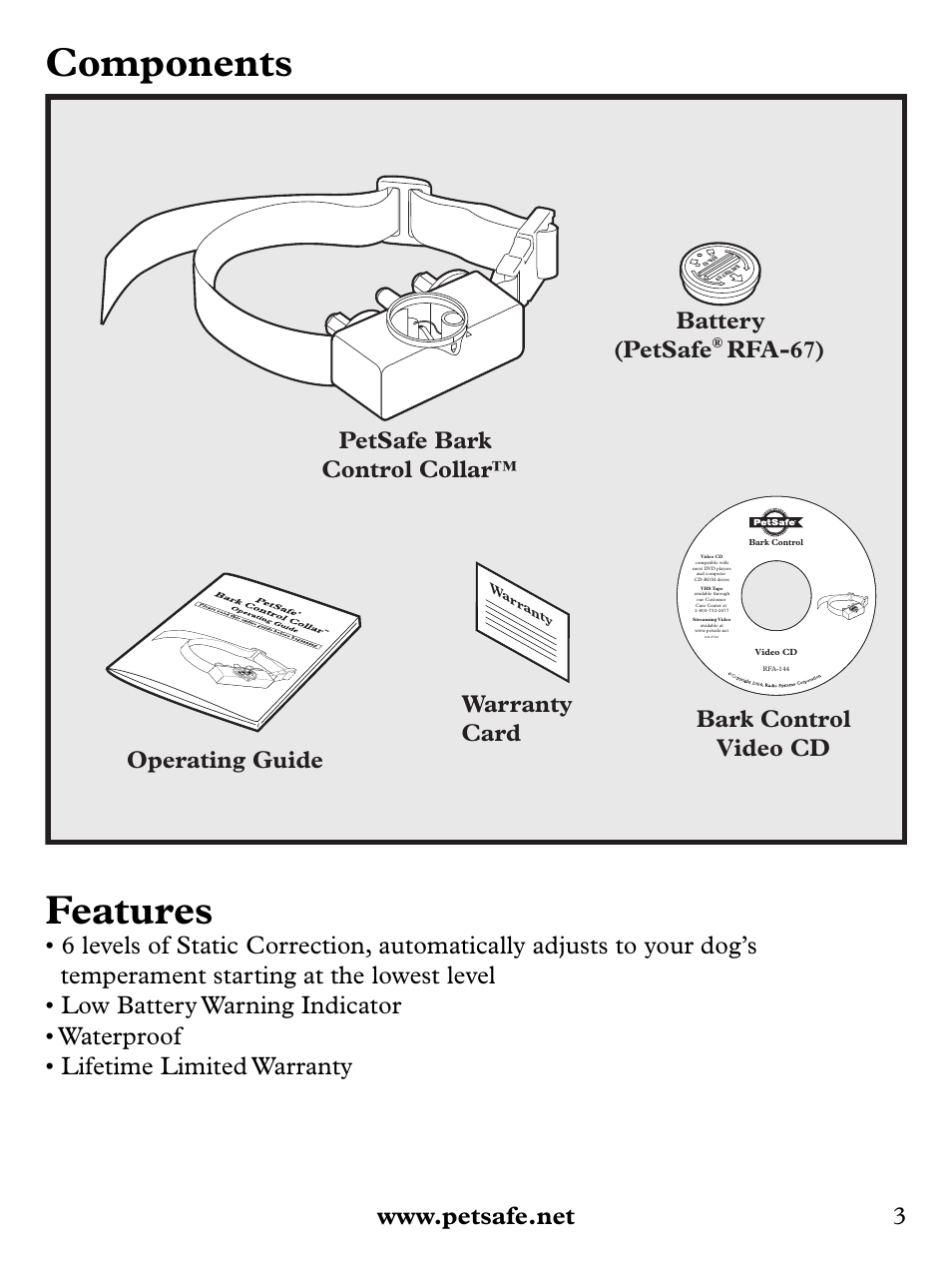 Components, Features, Bark control video cd operating guide | Battery (petsafe, Rfa-67) warranty card, Petsafe bark control collar | Petsafe Basic Bark Control Collar User Manual | Page 3 / 12