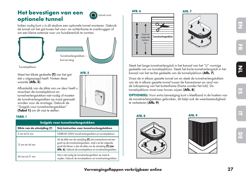 Het bevestigen van een optionele tunnel, De it nl es fr en | Petsafe Big Cat/Small Dog Pet Door User Manual | Page 27 / 64