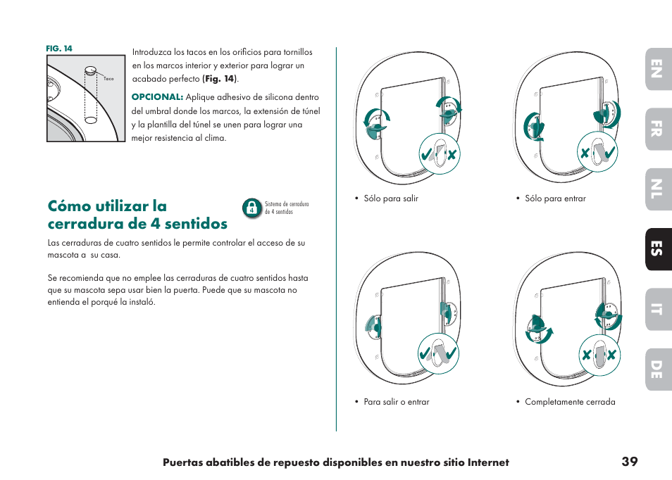 Cómo utilizar la cerradura de 4 sentidos, De it nl es fr en | Petsafe Big Cat/Small Dog Pet Door User Manual | Page 39 / 64